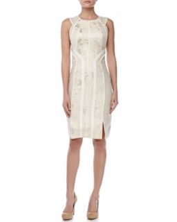 Womens Sleeveless Jacquard Sheath Dress, Pearl   J. Mendel   Pearl (10)