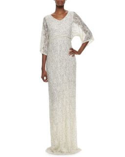 Womens Cante Three Quarter Sleeve Sequin Lace Gown   Alice + Olivia   Cream (6)