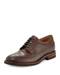 Mens Leather Long Wing Tip Shoe, Brown   Brunello Cucinelli   (43)