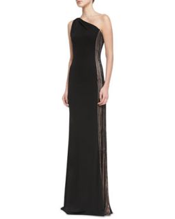 Womens One Shoulder Contrast Beaded Side Gown, Black/Nude   David Meister  