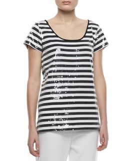 Womens Sequined Striped Short Sleeve Tee   Joan Vass   Black/Brt white (2