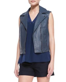 Womens Embossed Leather Moto Vest   Vince   Forge (X SMALL)