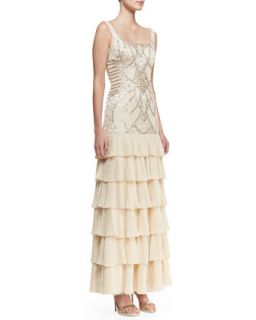 Womens Sleeveless Embroidered & Sequined Bodice Gown, Champagne   Sue Wong  