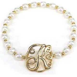 Goldtone Imitation Pearl Initial Charm Stretch Bracelet    Letter "K" Jewelry
