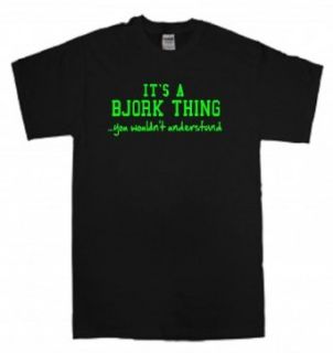 IT'S A BJORK THINGYOU WOULDN'T UNDERSTAND   LIME GREEN PRINT   BLACK T SHIRT: Clothing