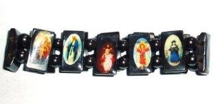 Black Steel Elasticated Saints Bracelest / Jesus Bracelets / Religious Bracelets / Wristbands with colored images: Jewelry