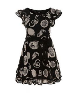 Koko Black Citrus Fruit Print Chiffon Layer Dress