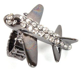 2 Pieces of Adjustable Size Stretch Black Airplane Ring One Size Fits All with Many Rhinestones: Jewelry
