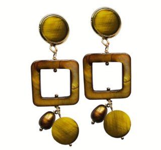 Les Perles De Philippine Golden Metal And Nacre Clip Earrings: Dangle Earrings: Jewelry