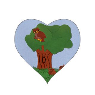 Owl and an Oak Tree Whimsical Cartoon Art Stickers