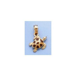 14k Gold Necklace Charm Pendant, Sea Turtle Charm With Brown Enamel Shell Textur: Jewelry