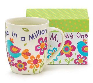"One In A Million" Mom 18 Oz Bone China Coffee Mug with Floral and Bird Design: Kitchen & Dining