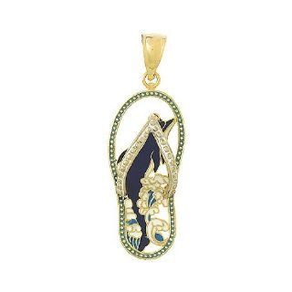 14k Gold Beach Necklace Charm Pendant, Dolphin Flip Flop Sandal With Blue Enamel: Million Charms: Jewelry