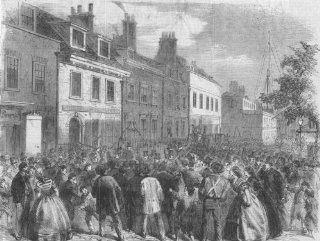 LONDON: Riot, Mission House, St George's, East, antique print, 1859  