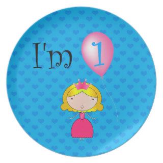 1st Birthday princess blue hearts Party Plate