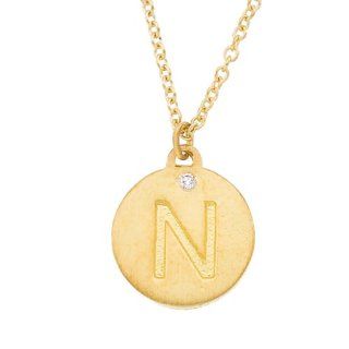 Personalized alphabet engraved 14k Yellow gold diamond initial letter N mini disc pendant necklace: Jewelry