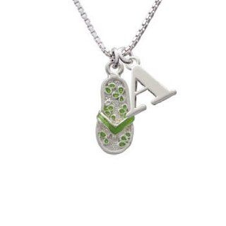 Lime Green Flip Flop with Flower Pattern Initial A Charm Necklace Pendant Necklaces Jewelry
