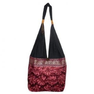 Thai Exotic ElephantLace Flower Linen Zigzag Shoulder Slouch Bag Black & Red Clothing