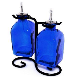 Latin Olive Oil & Vinegar Kitchen Colored Glass Bottle Pourer Set/2 ~ G18 Cobalt Blue Glass Cruet Pourer, Liquid Dispenser Glass Bottles with Stainless Steel Spouts & Black Metal Swirl Stand: Kitchen & Dining