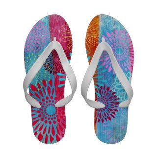 Pretty Bold Colorful Flower Bursts on Wide Stripes Flip Flops