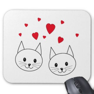 Two Cute White Cats with Red Hearts. Mouse Pads