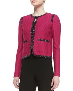 Womens Crossed Throw Knit Jacket with Patch Pockets & Braided Trim   St. John