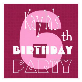 6th Birthday Party Kid's Modern Big Number Girl Custom Announcement