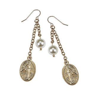Religious & Inspirational. Catholic Religious Relics & Chain Earrings w/ Ivory Pearl Accents •Features: * Worn Gold Plating * Religious Relics & Chain Earrings * Ivory Pearl Accents * Fish Hook Ear Wires •Religious Relics & Ch