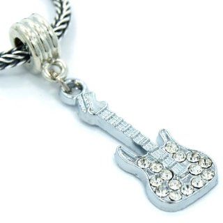 Pro Jewelry "Guitar w/ Clear Crystals Dangle" Charm Bead for Snake Chain Charm Bracelets: Jewelry