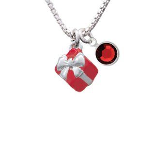 Small 3 D Red Present Box with Silver Bow Charm Necklace with Siam Crystal Drop: Delight & Co.: Jewelry