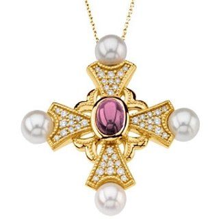 14K Yellow Gold Pink Tourmaline, Pearl and Diamond Cross Pendant    LIFETIME WARRANTY: Jewelry