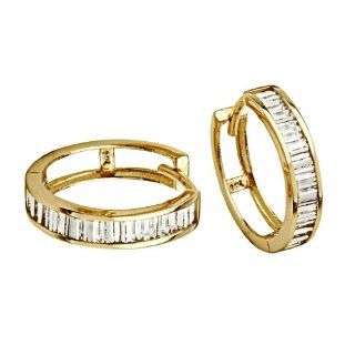14K Yellow Gold 4mm Thickness Baguette CZ Channel Set Large Polished Hoop Huggies Earrings (0.6" or 15mm): Jewelry