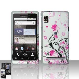 Silver Pink Flower Heart Vine Design Rubberized Snap on Hard Cover Protector Faceplate Cell Phone Case for Verizon Motorola Droid 2 Droid2 A955 + LCD Screen Guard Film + Free iTuffy Flannel Bag Cell Phones & Accessories