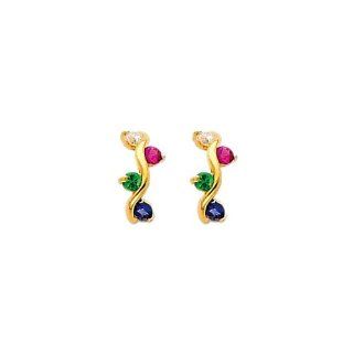 14K Yellow Gold Multi Color CZ Grapevine Stud Earrings with Screw back for Baby & Children: Earrings For Kids: Jewelry