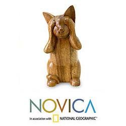 Handcrafted Suar Wood 'See No Evil Kitty' Sculpture (Indonesia) Novica Statues & Sculptures