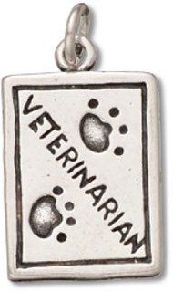 Sterling Silver 18" .8mm Wide Box Chain Necklace With Two Sided Veterinarian Occupational Badge Animal Pendant With Paw Prints: Jewelry