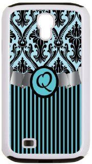 Rikki KnightTM Letter "Q" Initial Sky Blue Damask and Stripes Monogrammed White Tough It Case Cover for Galaxy S4 4 & 4s (Double Layer case with Silicone Protection): Cell Phones & Accessories