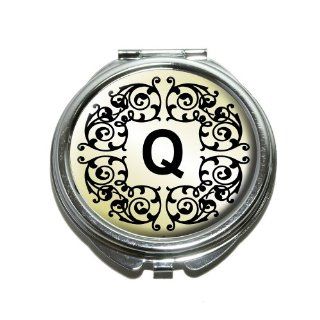 Letter Q Initial Black White Tan Compact Purse Mirror : Personal Makeup Mirrors : Beauty