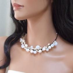 Cotton Wax Rope Cluster Moonstone and Pearl Choker (Thailand) Necklaces