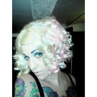 Lady Gaga Curly Hair Wig With Pink Streak,Blonde,One Size: Clothing