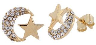 Gold with Clear Iced Out Crecent Moon with Star Stud Earrings: Jewelry