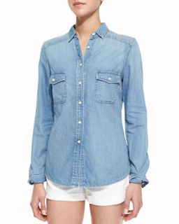 Womens Double Pocket Chambray Shirt, Light Marble   Cusp by Neiman Marcus  