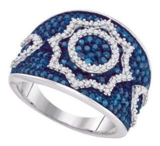 1 cttw 10k White Gold Blue Diamond Ladies Cluster Flower Right Hand Fashion Ring (Real Diamonds: 1 cttw, Ring Sizes 4 10): Jewelry