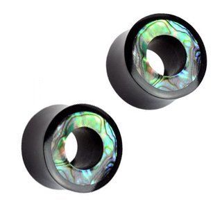Organic Horn Saddle Tunnel Plugs with Abalone Inlaid Rim   2G (6 mm)   Sold as a Pair: Jewelry