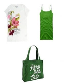 Aeropostale Bleach (White) V Neck Painted Floral Graphic T Shirt; Leaf (Green) Solid Basic Camisole and Coordinating Kelly Green Stacked Logo Graphic Tote   Juniors' Size (Large) at  Womens Clothing store: Fashion T Shirts