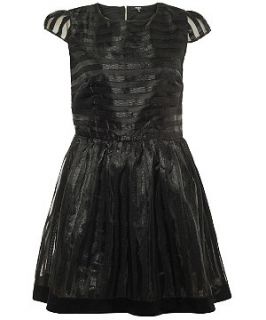 Koko Black Mesh Stripe Cap Sleeve Organza Dress