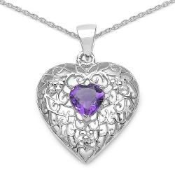 Malaika Sterling Silver Genuine Amethyst Filigree Puff Heart Necklace