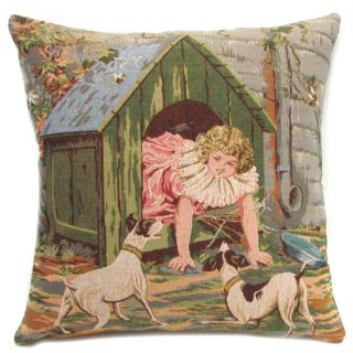French Woven Girl and Doghouse Design Cotton and Wool Decorative Throw