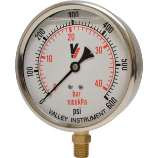 Valley Instrument Grade A 4in. Stem Mount Glycerin Filled Gauge — 0-600 PSI  Hydraulic Gauges