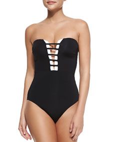 JETS by Jessika Allen Contrast Plunging V One Piece Swimsuit, Black/White